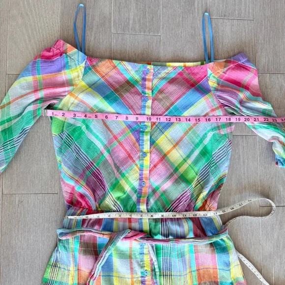Lauren Ralph Lauren Plaid Off Shoulder Dress Multicolor Madras Plaid Dress 10 - Picture 15 of 16
